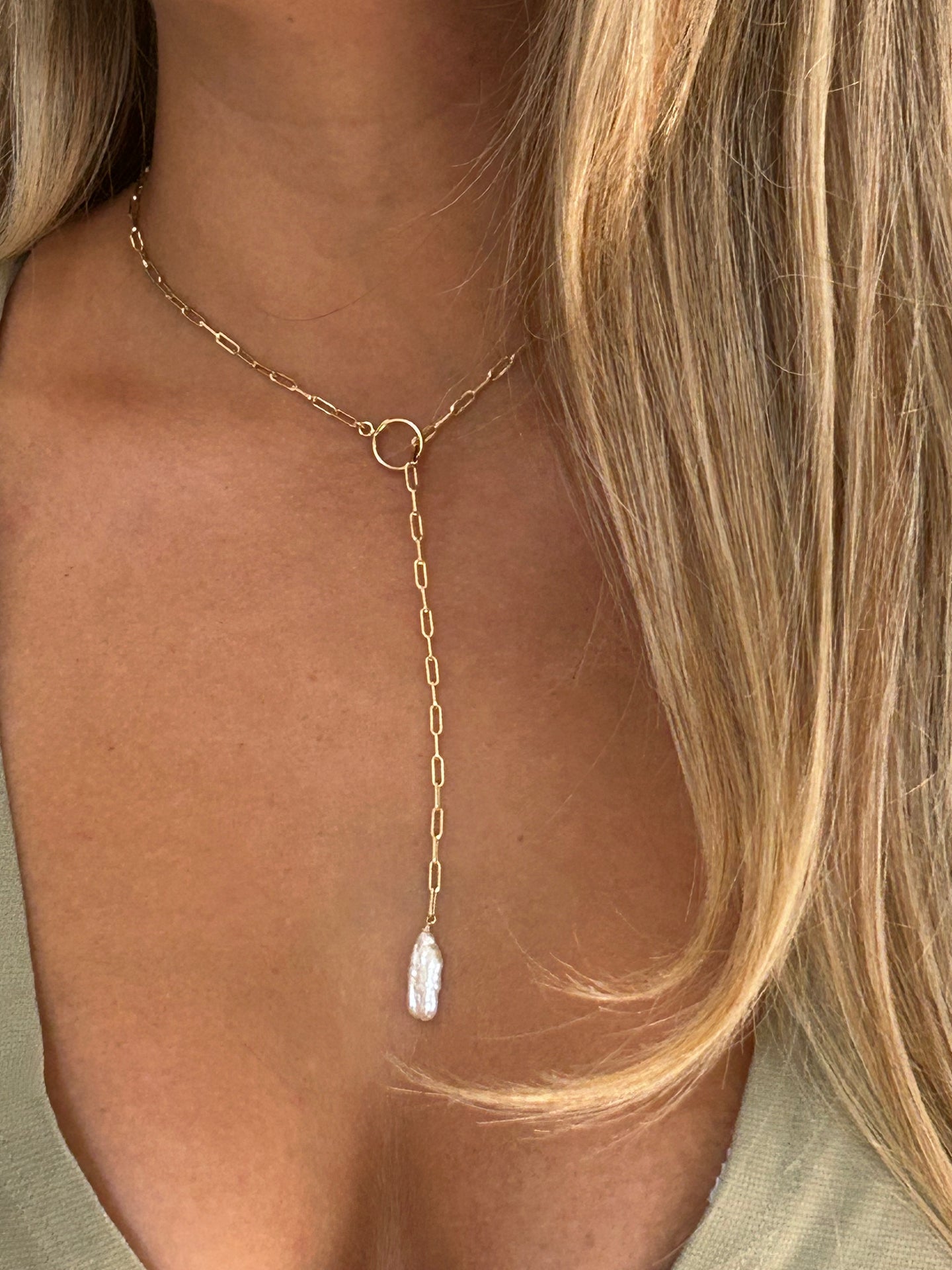 Biwa Pearl Lariat Necklace